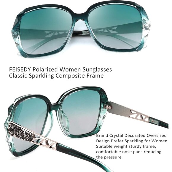 Women's Crystal Square Sunglasses Sparkling Composite Shiny Frame Design - Picture 2 of 8